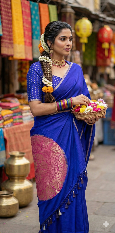 Violet munga tussar silk saree with designer Pallu and stitched blouse