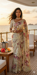 Tissue crepe silk saree with sequins border, stitched blouse