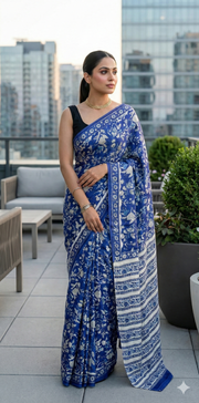 Blue vanaspathi handbloack print modal silk saree, with BP