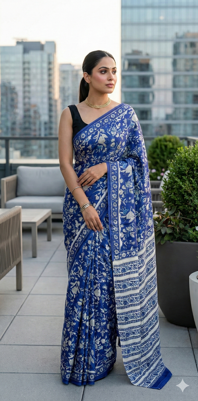 Blue vanaspathi handbloack print modal silk saree, with BP
