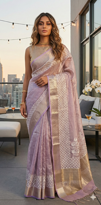 Lilac Tissue Kotta silk saree with mirror and chikankari work, with stitched blouse