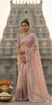 Pink Organza saree with embroidery and stitched blouse