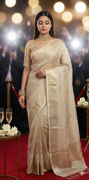 Beige Tissue Kotta silk saree with mirror and chikankari work, with stitched blouse