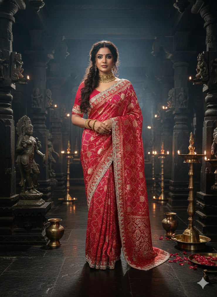 Red and pink combo designer saree with embroidery work and stitched blouse