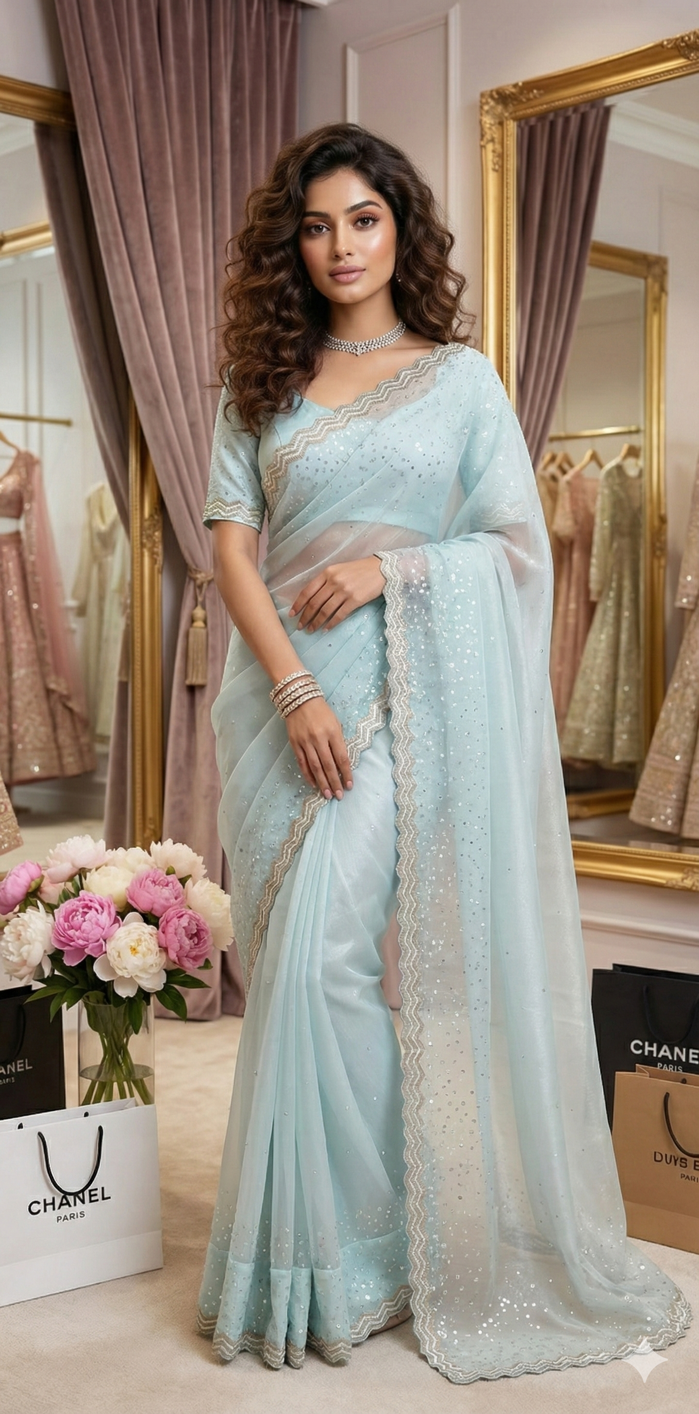Light blue soft tissue organza designer saree with stitched blouse