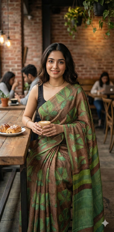 Nashpal Tussar by modal silk saree with hand block print with natural dye, with BP