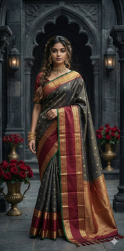 Navy Blue and Maroon Kanchivaram Saree With Stitched Blouse