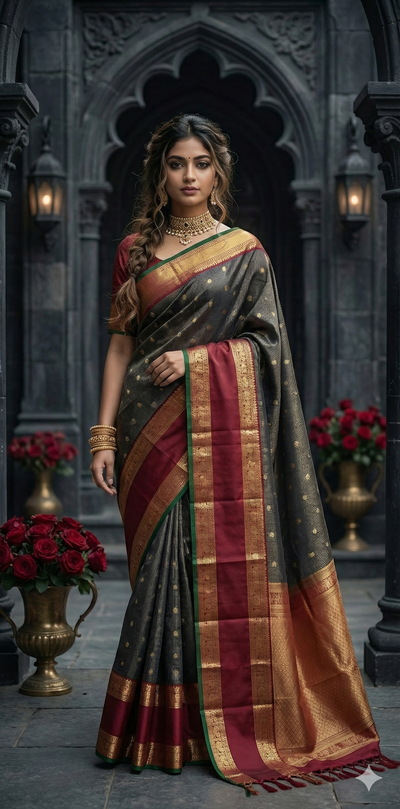 Navy Blue and Maroon Kanchivaram Saree With Stitched Blouse