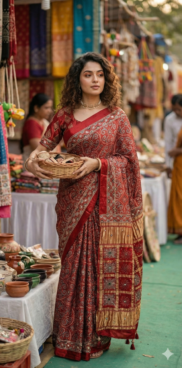 Red Ajrakh printed maroon modal silk saree with hadnwork and gharchola pallu, with stitched blouse
