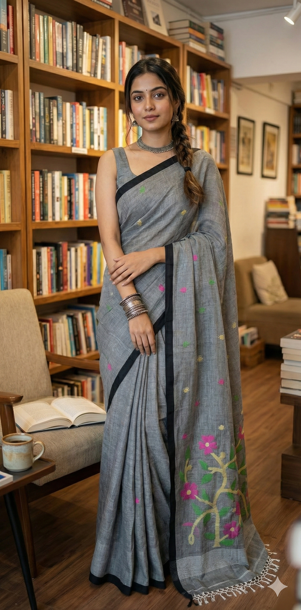Grey mulcotton saree with Jamdani weave