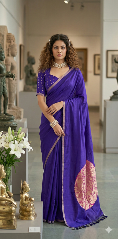 Purple munga tussar silk saree with designer paalu and stitched blouse
