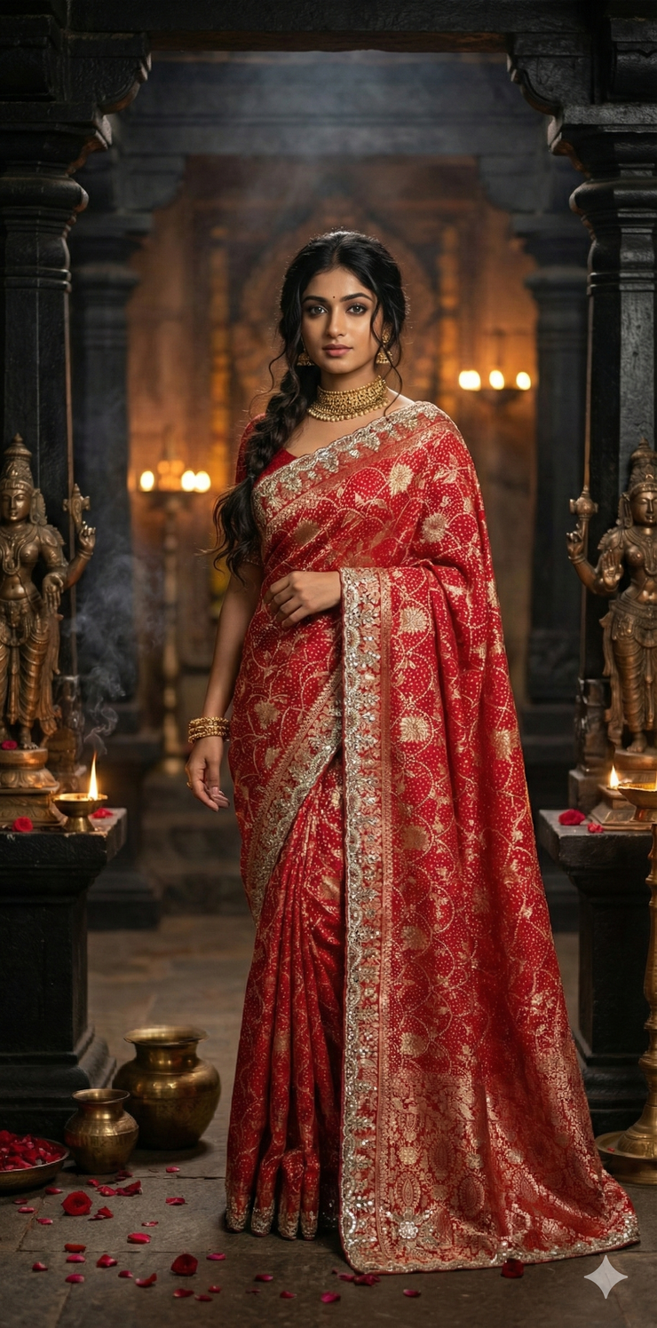 Red and pink combo designer saree with embroidery work and stitched blouse