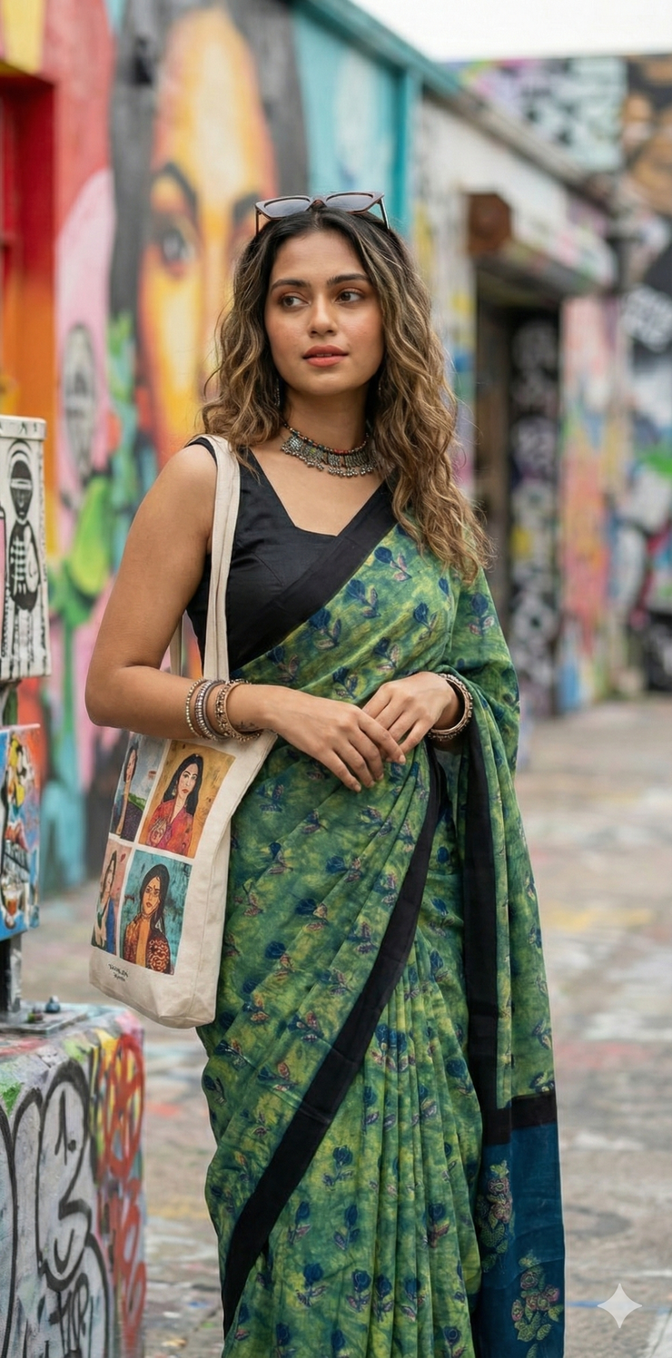 Nashpal Tussar by modal silk saree with hand block print with natural dye, with BP