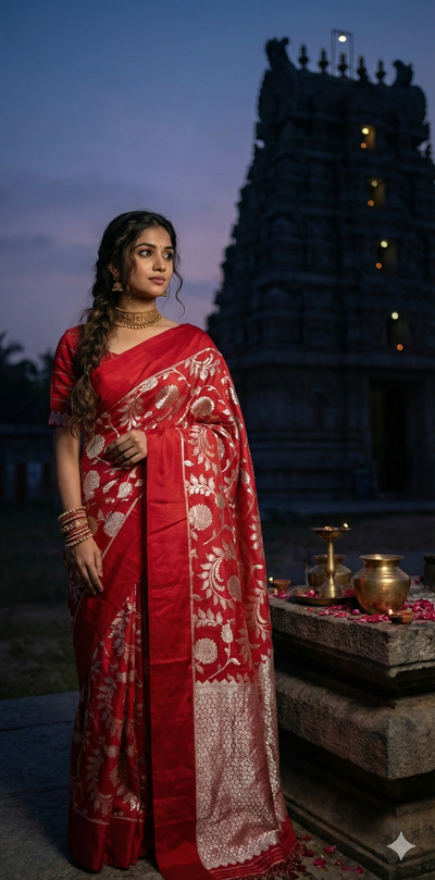 Red Jaal Weave Pure Munga Silk Saree with Stitched Blouse