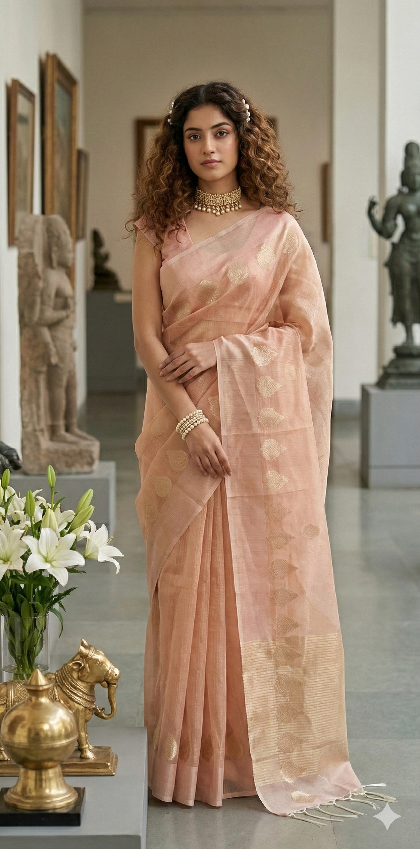 Light Peach Banarasi tissue cotton saree with BP