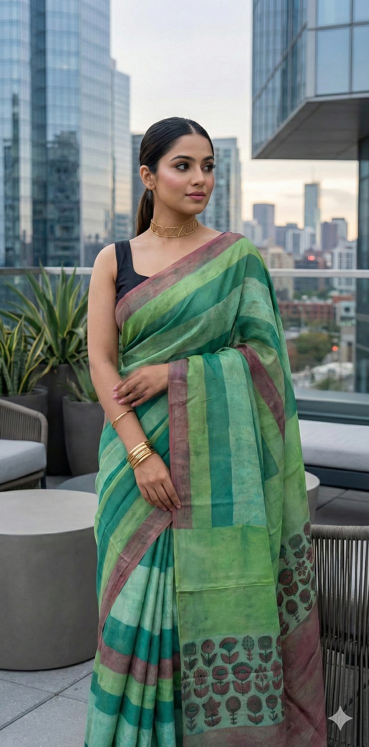 Nashpal Tussar by modal silk saree with hand block print with natural dye, with BP