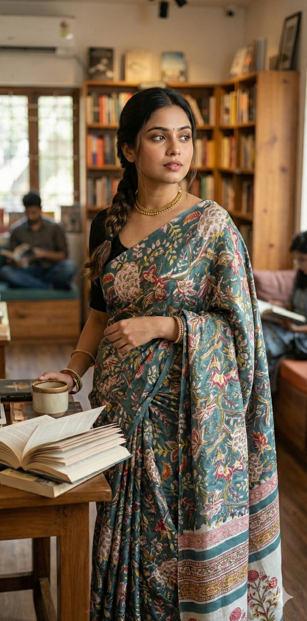 Greyish green vanaspathi handbloack print modal silk saree, with BP