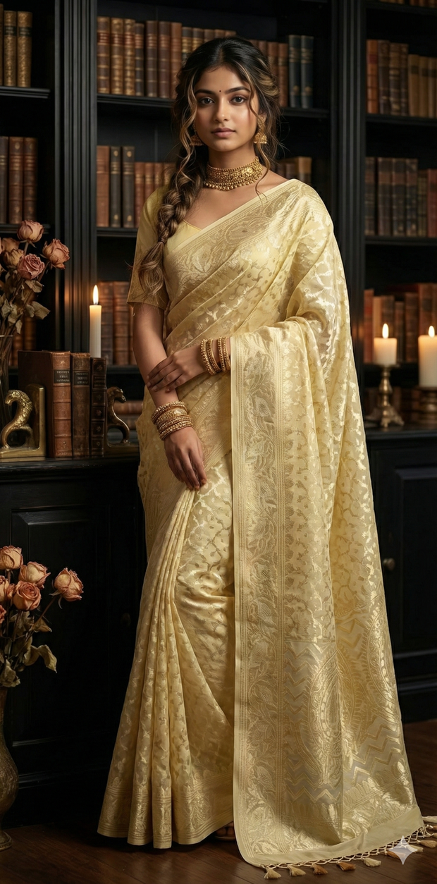 Light yellow pure Geogette silk saree with stitched blouse