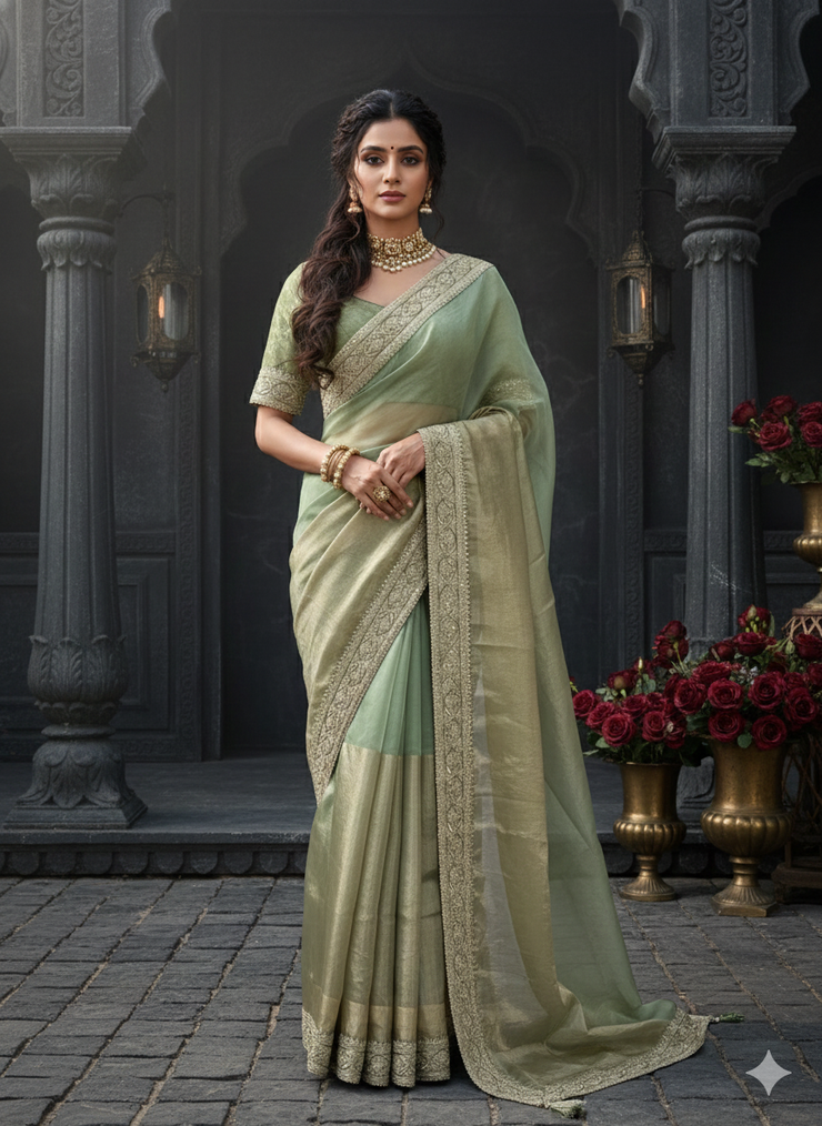 Green organze tissue saree with stitched blouse