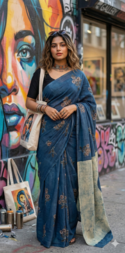 Vanaspati Ajrakh cotton sarees with hand block print with natural dye