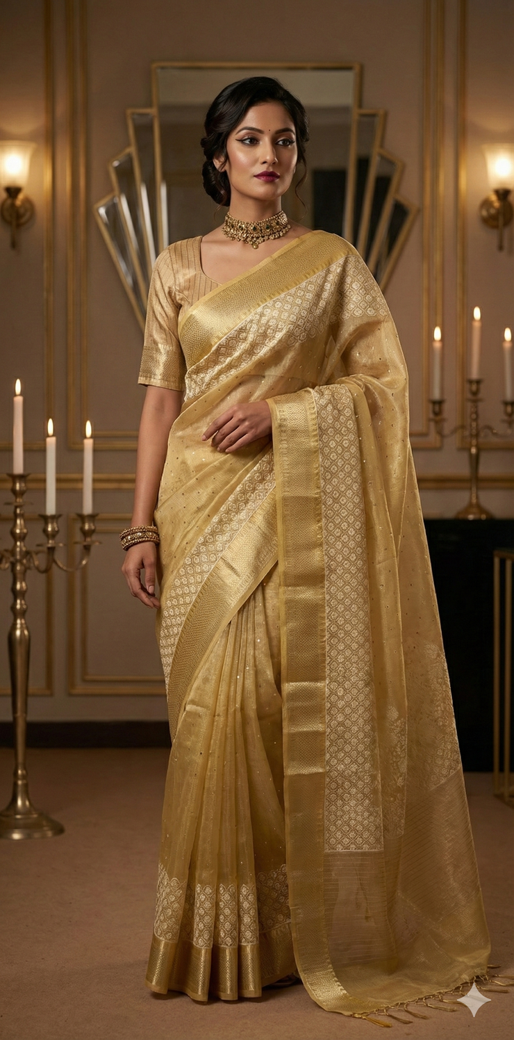 Yellow Tissue Kotta silk saree with mirror and chikankari work, with stitched blouse