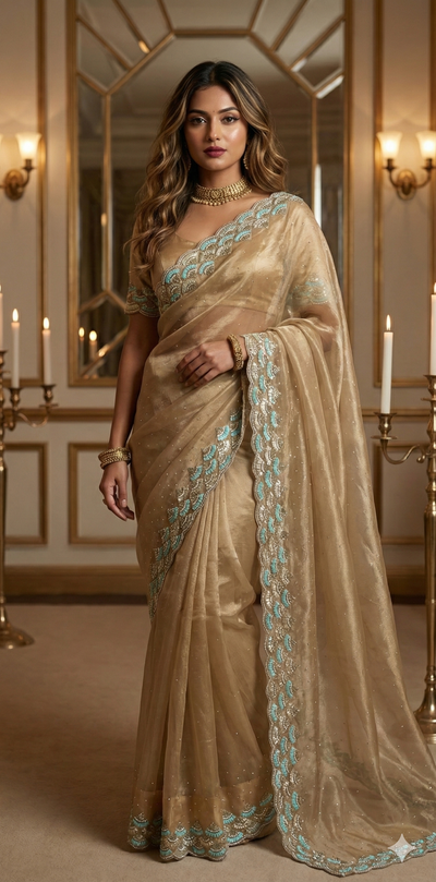 Beige organza saree with Stiched blouse