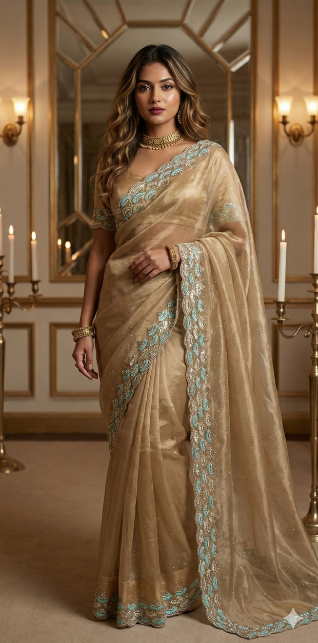 Beige organza saree with Stiched blouse