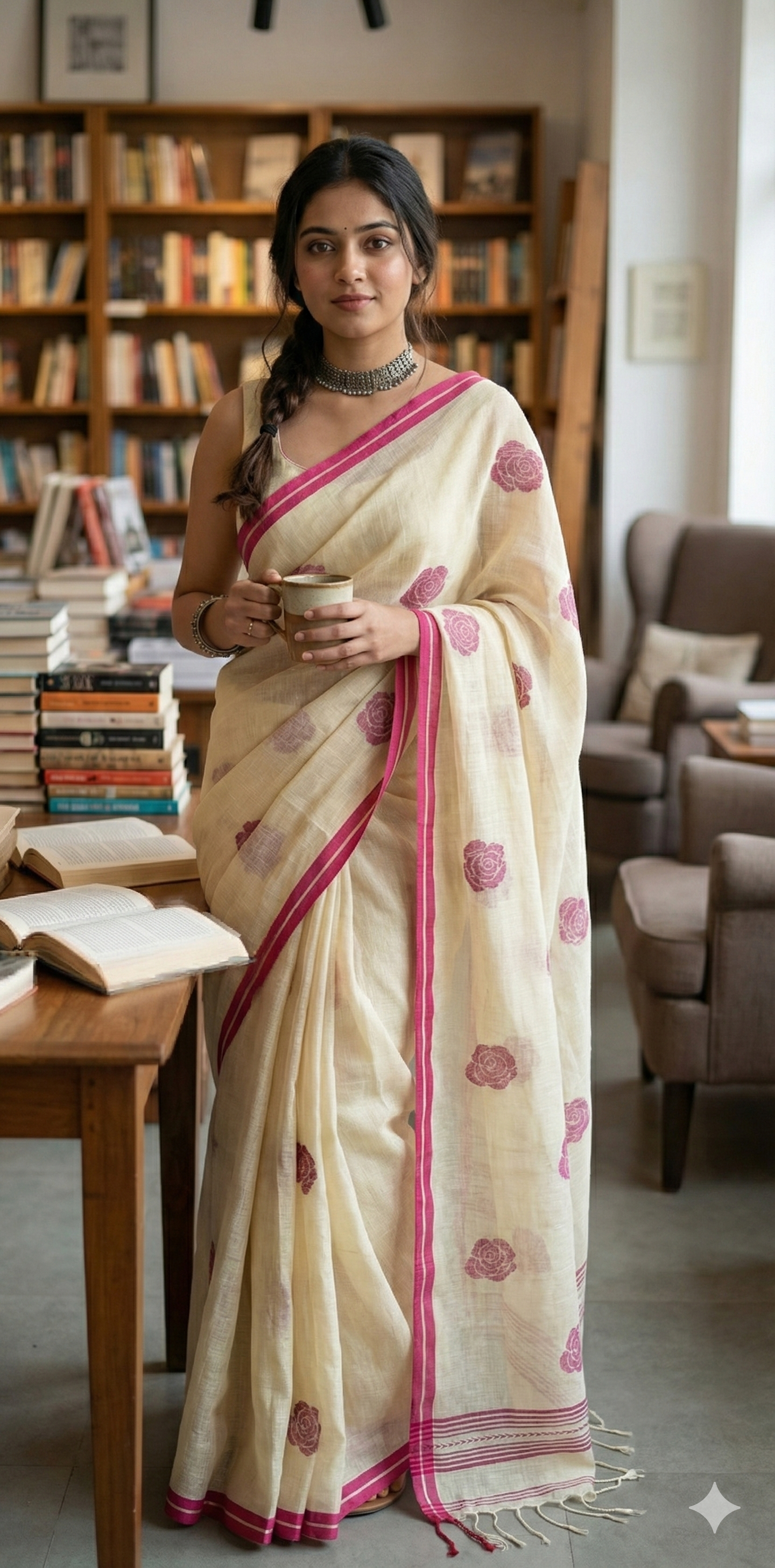 Jaysree linen saree with handwoven Rose motifs