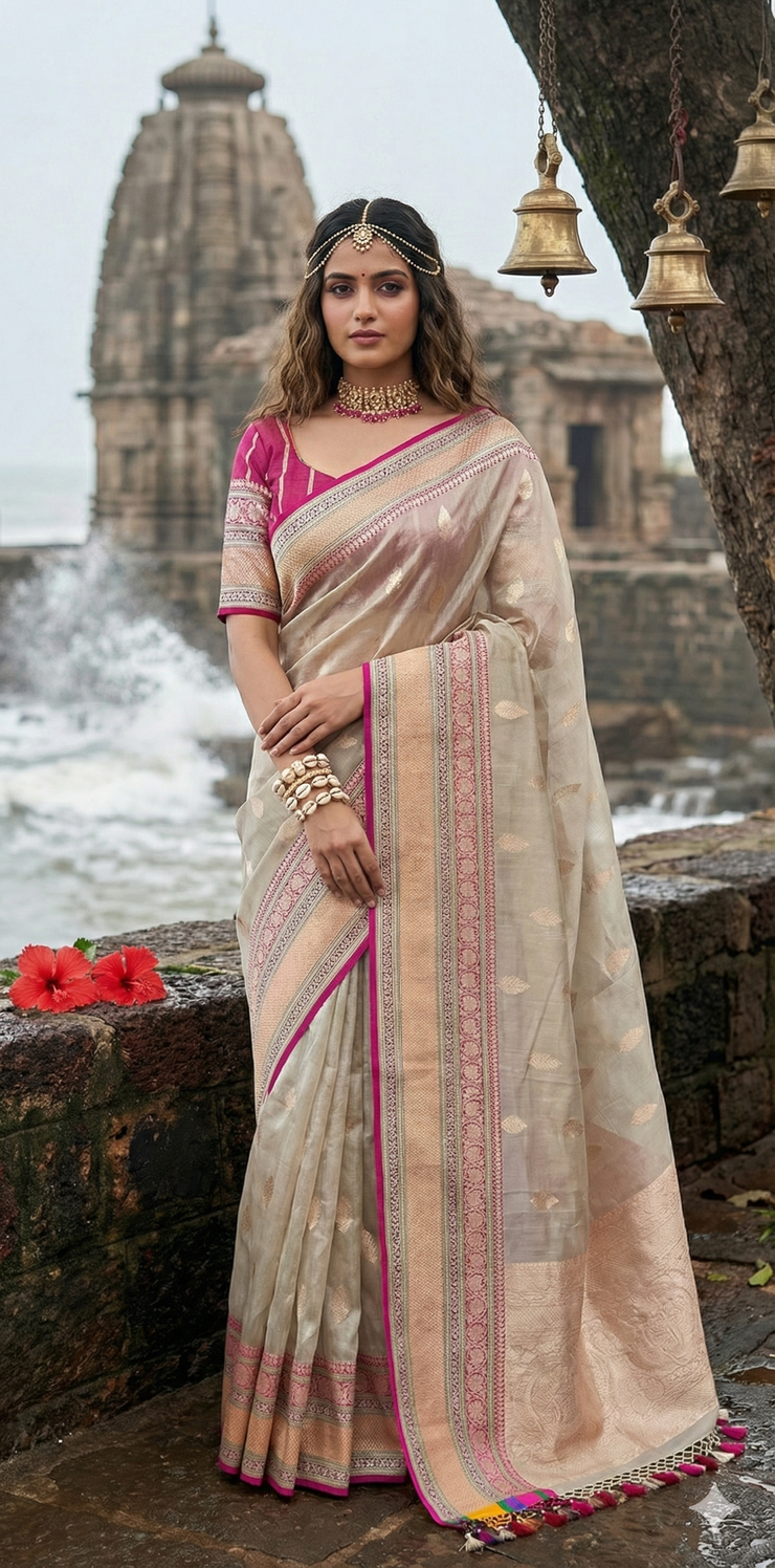 Cora tissue silk saree with multi color banarsi Border, with stitched blouse