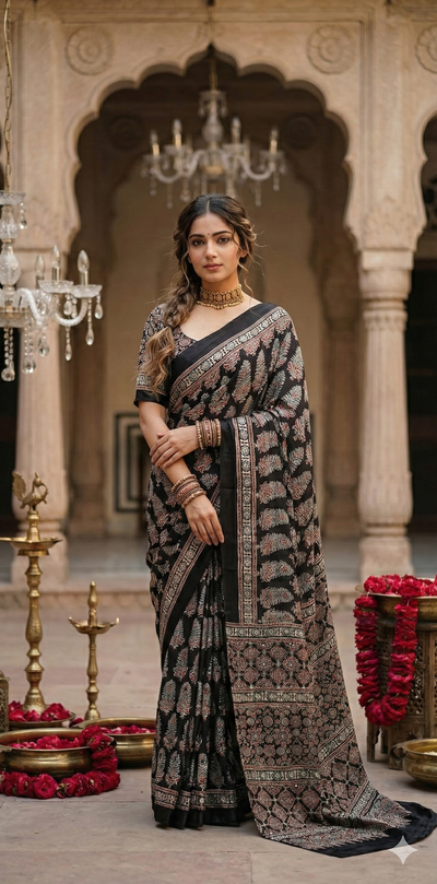 Black modal silk saree with hand work and stitched blouse