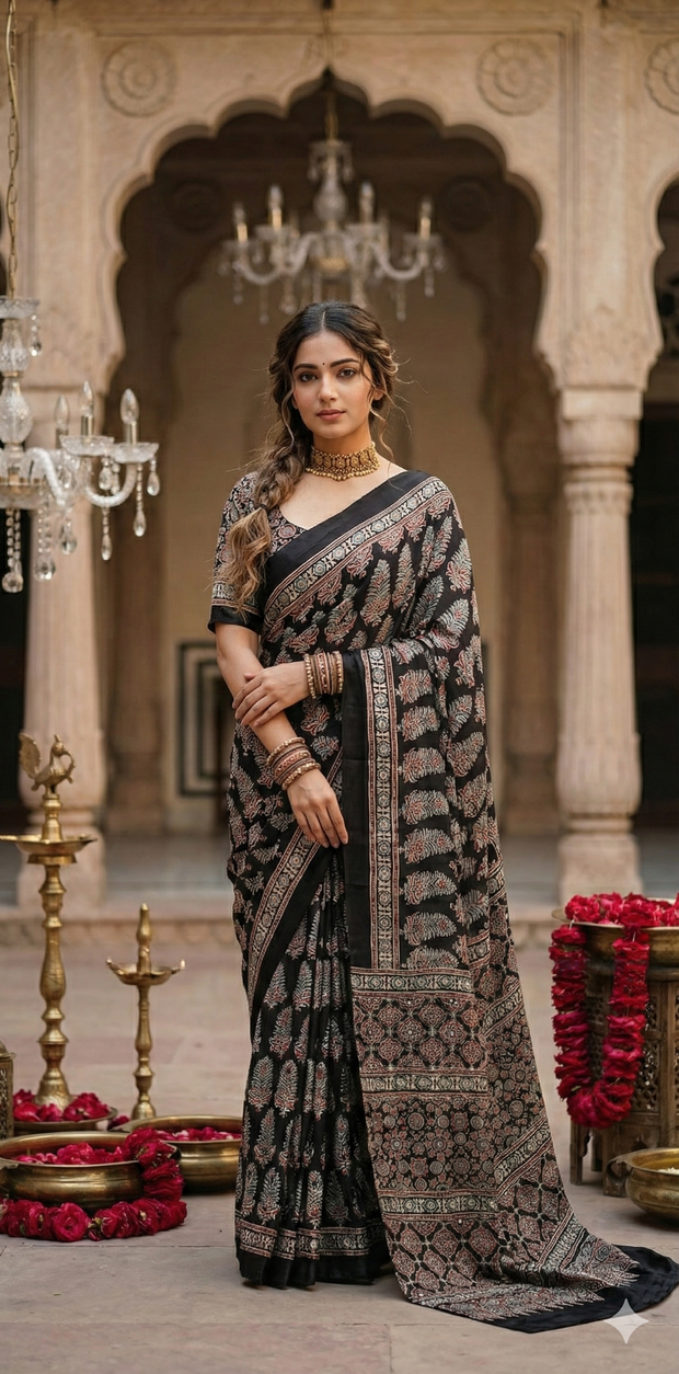 Black modal silk saree with hand work and stitched blouse