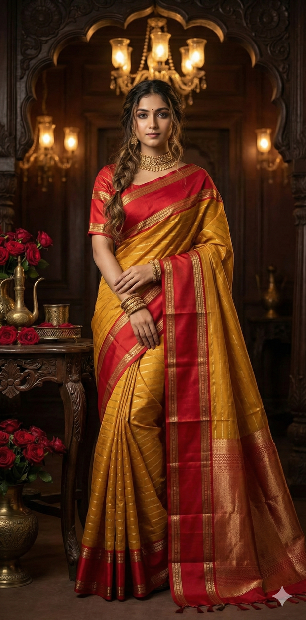 Mustard Yellow and Red Kanchivaram Saree With Stitched Blouse