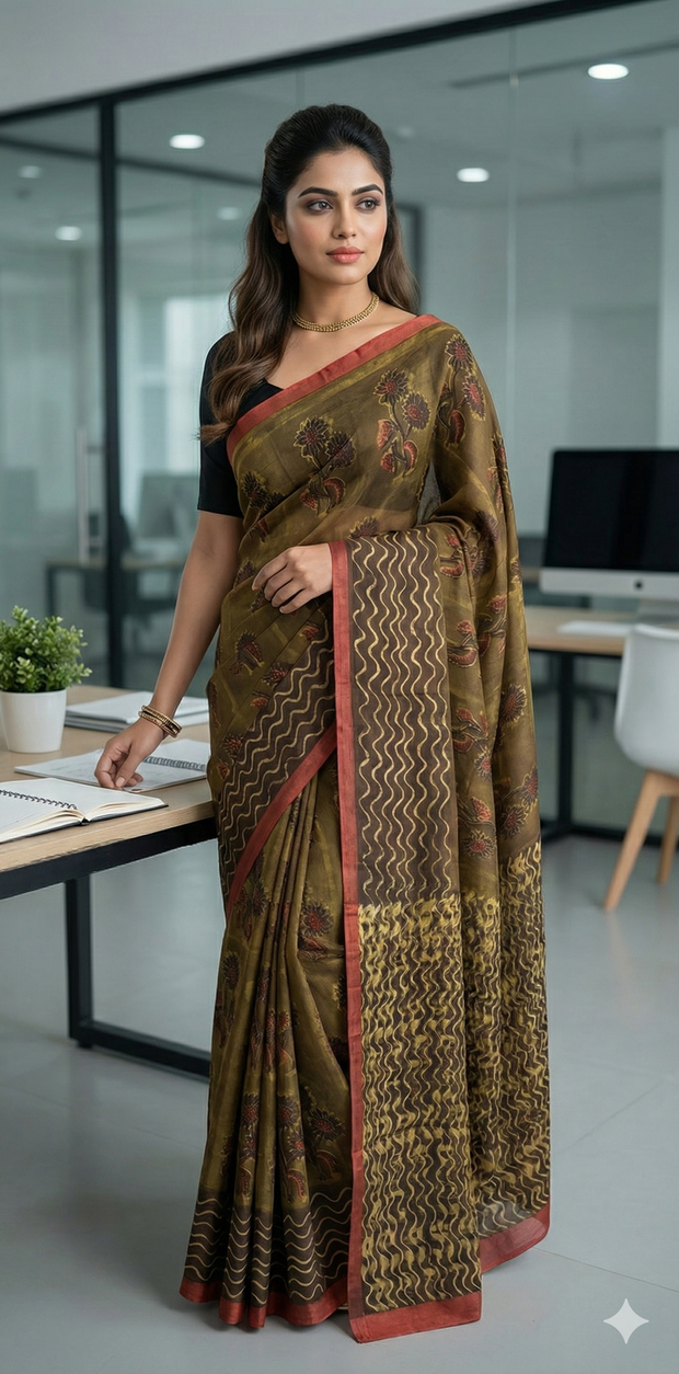 Nashpal Tussar by modal silk saree with hand block print with natural dye, with BP