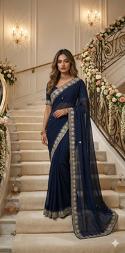 Navy Blue organza saree with Stiched blouse