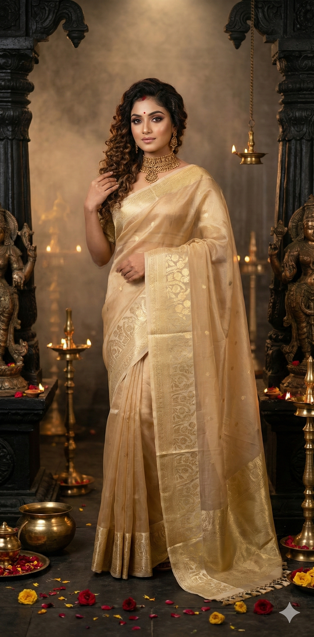 Sandal color pure organza silk saree with katan border and stitched blouse