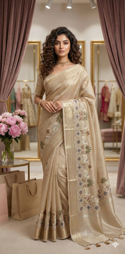 Tissue Kotta silk saree with mirror and Pitchwai work, with stitched blouse