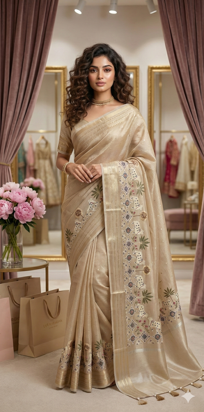 Tissue Kotta silk saree with mirror and Pitchwai work, with stitched blouse