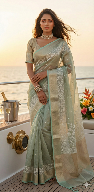 Light green Tissue Kotta silk saree with mirror and chikankari work, with stitched blouse