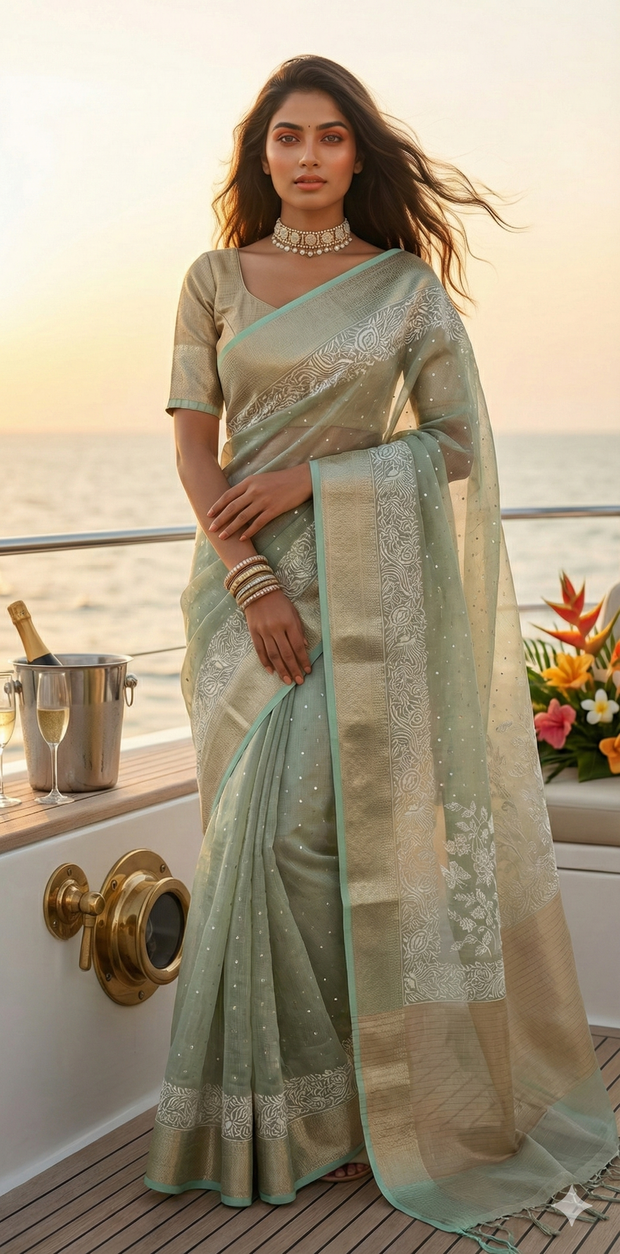 Light green Tissue Kotta silk saree with mirror and chikankari work, with stitched blouse