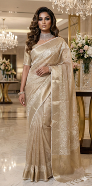 Beige Tissue Kotta silk saree with mirror and chikankari work, with stitched blouse
