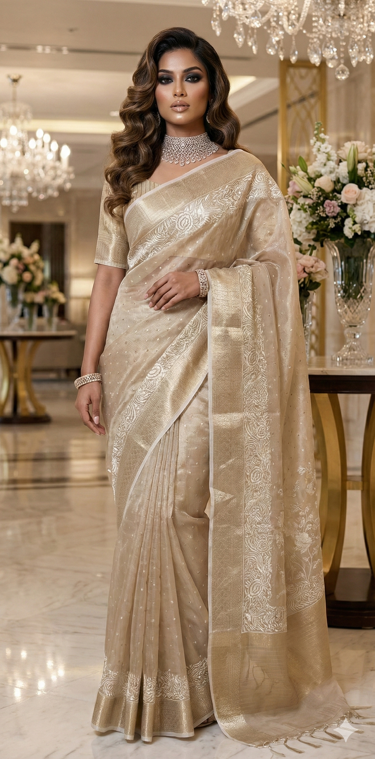 Beige Tissue Kotta silk saree with mirror and chikankari work, with stitched blouse