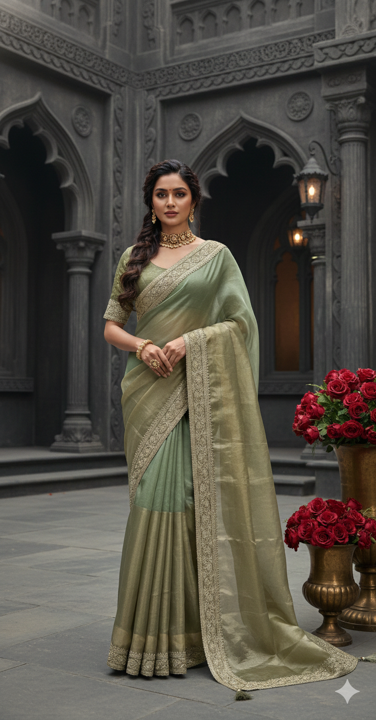 Green organze tissue saree with stitched blouse
