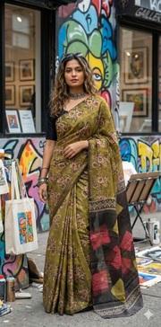 Nashpal Tussar by modal silk saree with hand block print with natural dye, with BP