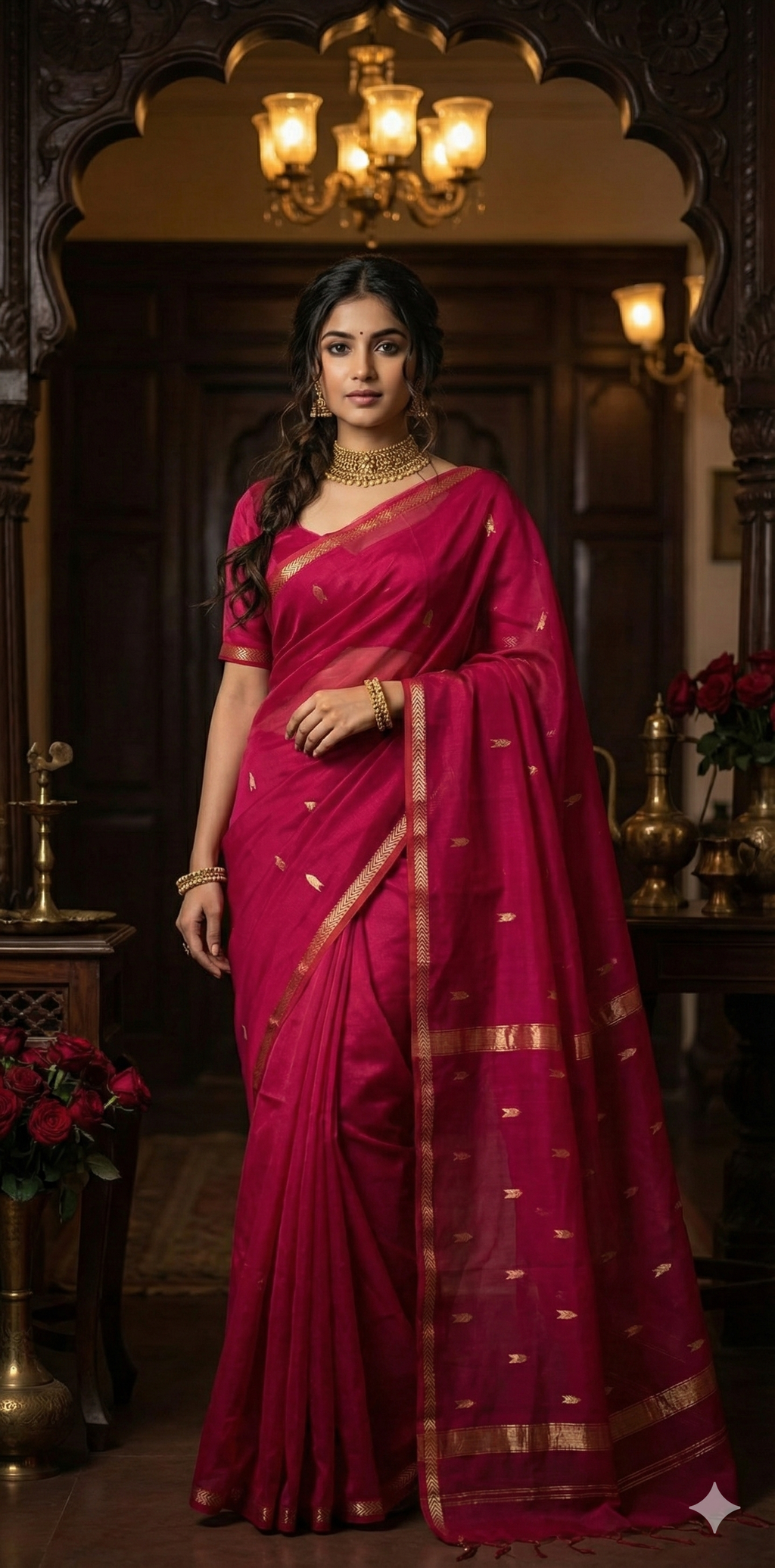 Pure Pink Maheshwari silk saree with stitched blouse
