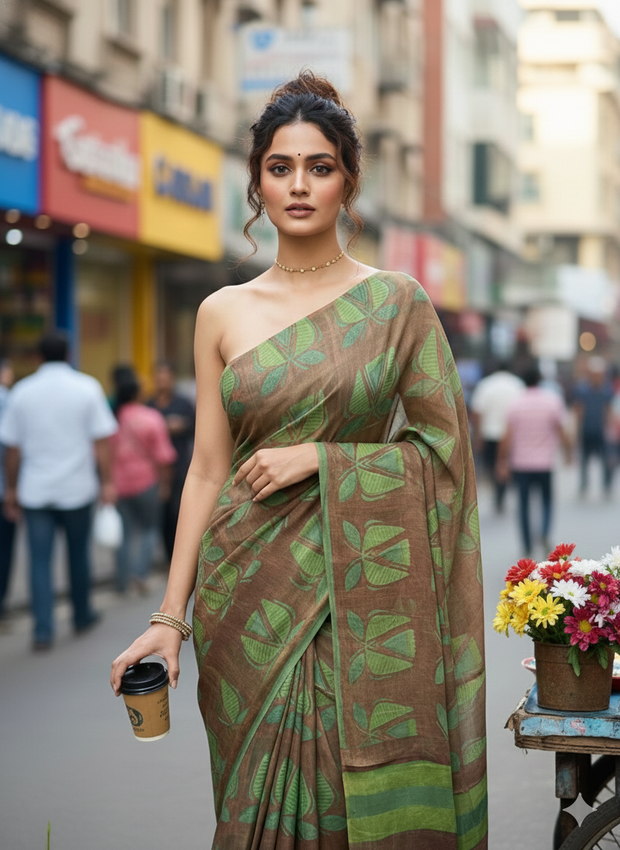 Nashpal Tussar by modal silk saree with hand block print with natural dye, with BP