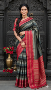 Black and red Tussar banarsi saree with stitched blouse