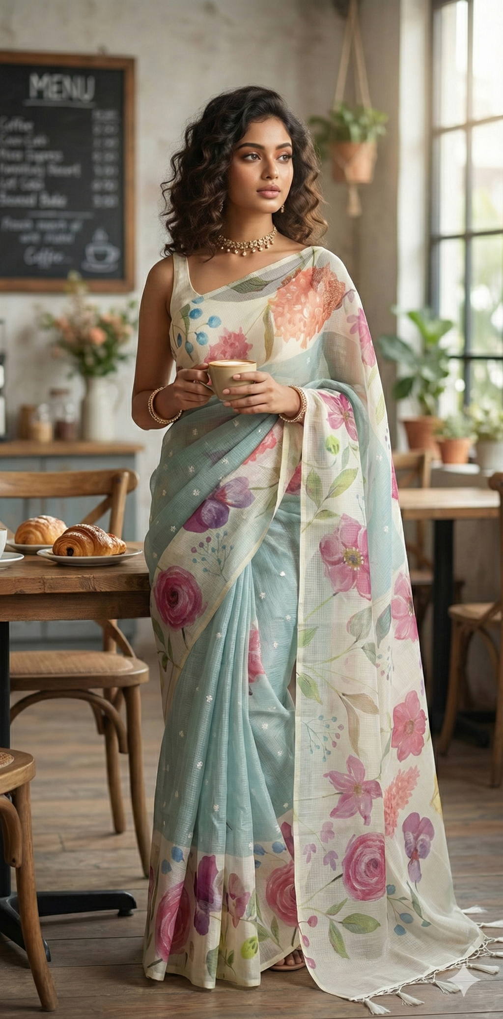 Kota silk saree with floral print border, with BP