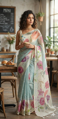 Kota silk saree with floral print border, with BP