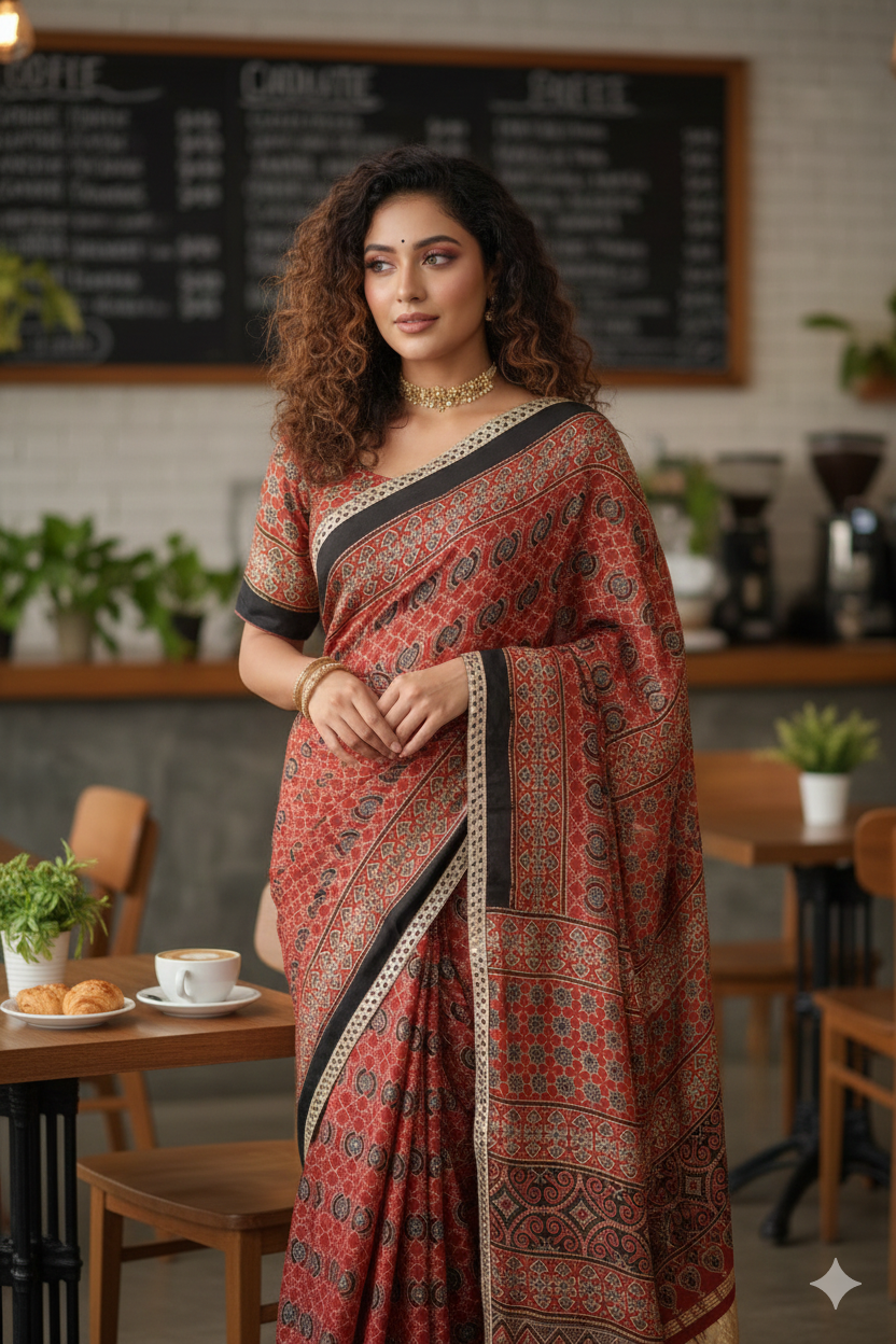 Hand block Ajrakh print Red modal silk saree with gotta patti border, with stitched blouse