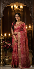 Pink semi soft tussar silk saree with floral print, with stitched blouse